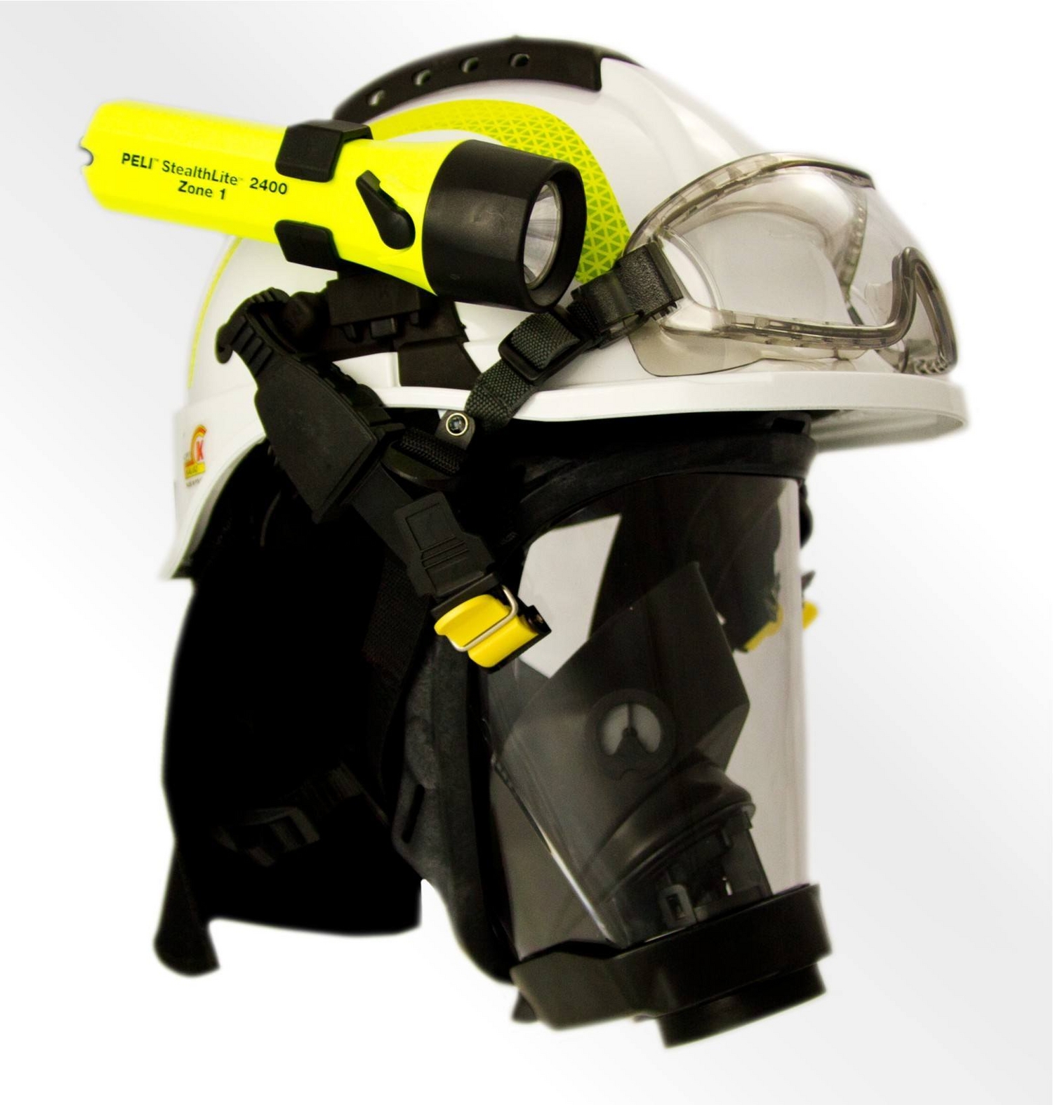 CAPACETE COM MÁSCARA, ÓCULOS E LANTERNA
